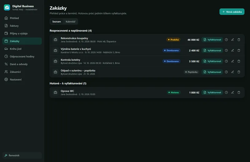 Snímek obrazovky: Zakázky a termíny – hotovou práci jedním klikem vyfakturujete.