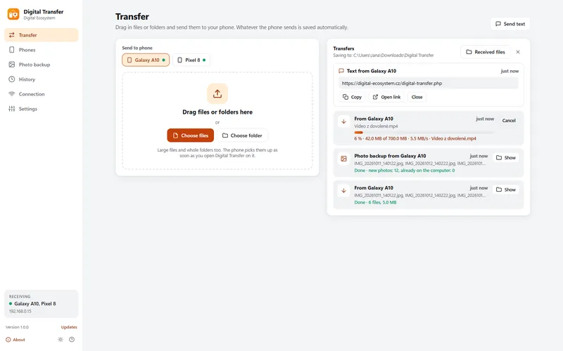 Screenshot: Transfer: drag files or folders and send them to the phone. Whatever the phone sends is saved by itself.