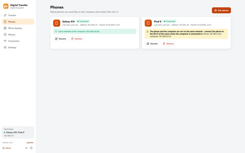 Screenshot: Phones: paired devices and a warning when they are not on the same network.