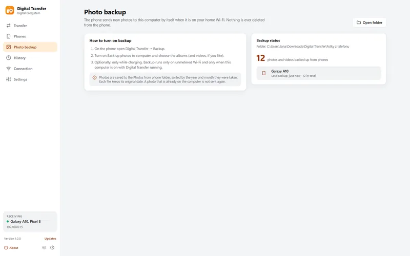 Screenshot: Photo backup: new photos from the phone are saved by themselves, nothing is deleted from the phone.