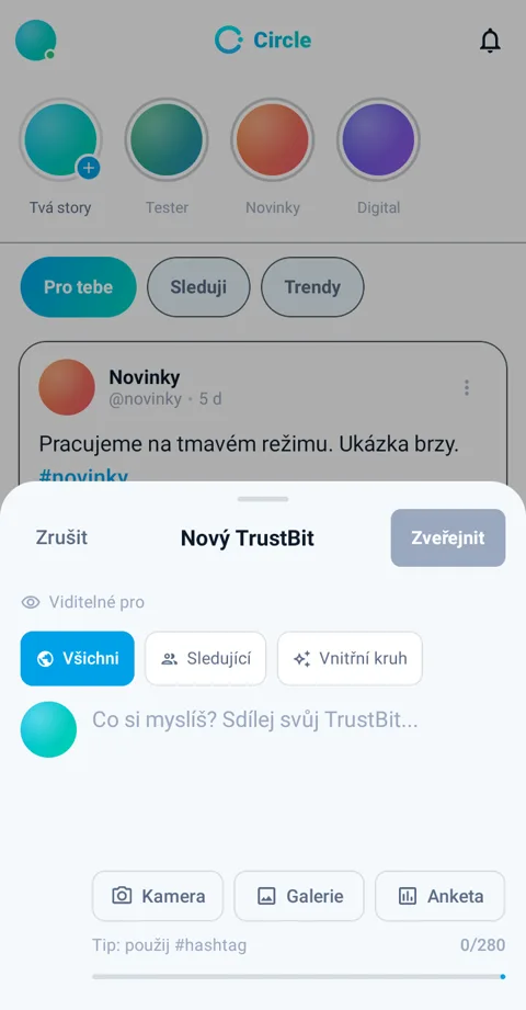 Okno pro nový příspěvek s volbou, kdo ho uvidí