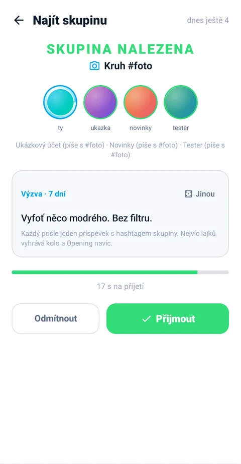 Kruhy: nalezená skupina s výzvou na 7 dní a tlačítkem Přijmout