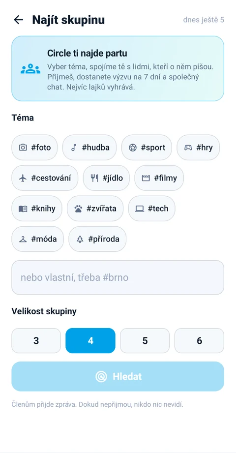 Kruhy: výběr tématu a velikosti skupiny před hledáním