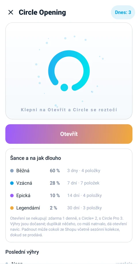 Circle Opening: logo před roztočením a tabulka šancí